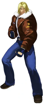 An illustration of Terry from the game Garou, where he wears a leather aviator jacket.