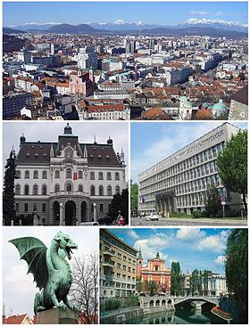 Atas: Pemandangan Ljubljana, tengah kiri: Universitas Ljubljana, tengah kanan: National Assembly Building of the Republic of Slovenia, kiri bawah: Patung Ljubljana Dragon, simbol kota,di Dragon Bridge, kanan tengah: Triple Bridge