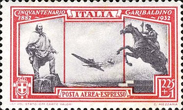 Francobollo del Regno d'Italia del 1932 cinquantenario Garibaldino - francobollo espresso aereo, il primo al mondo