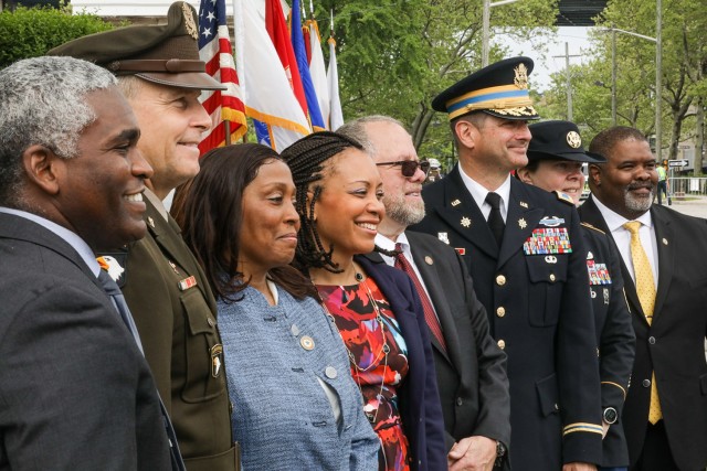 Left to right, James Hendon, New York City Department of Veterans’ Services Commissioner; Maj. Gen. Thomas Tickner, Army Corps of Engineers North Atlantic Division Commanding General; Gloria Warren-Baskin, Lt. Warren’s only surviving immediate...