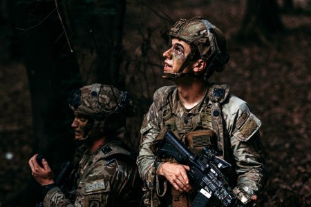 Soldiers with the 173rd Airborne Brigade take cover from an unmanned aircraft system attack during Saber Junction, a training exercise held at the Joint Multinational Readiness Center in Hohenfels, Germany, Sept. 6, 2024. Saber Junction 2024 is a...