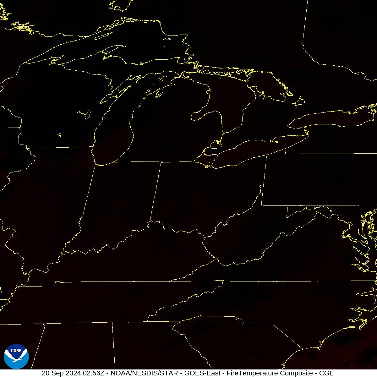 Fire Temperature - RGB used to highlight fires - 20 Sep 2024 - 0256 UTC