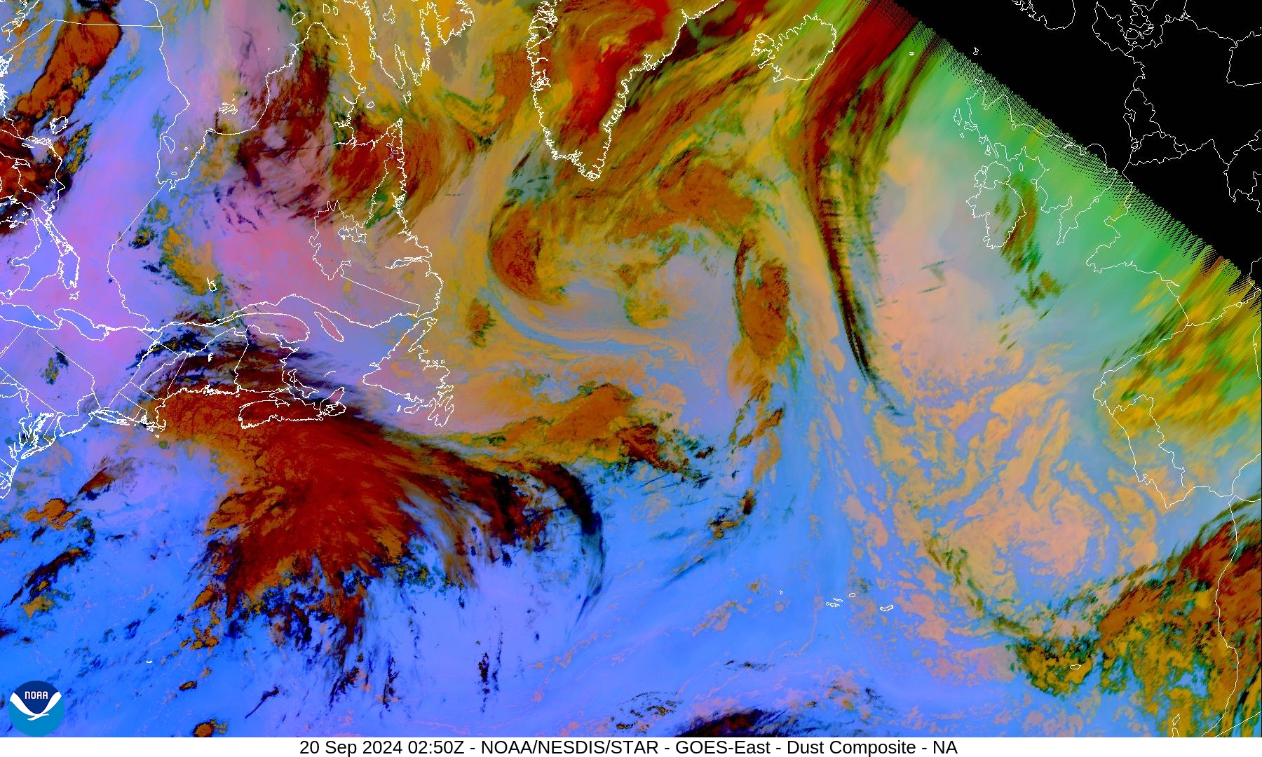 Tropospheric Dust Content - RGB for identifying tropospheric dust - 20 Sep 2024 - 0250 UTC