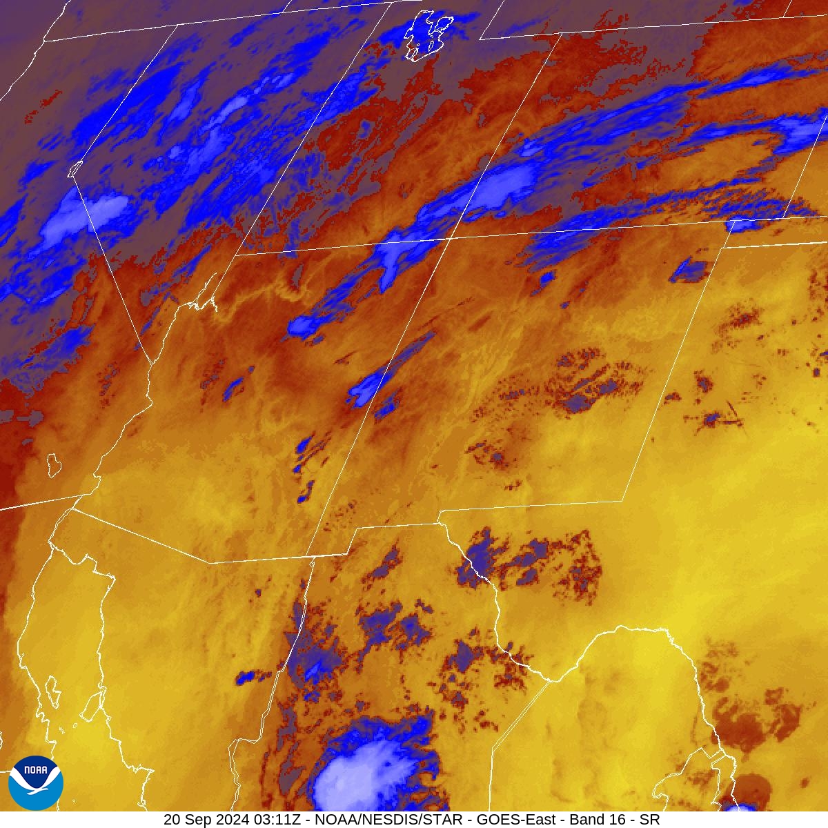 Band 16 - 13.3 µm - CO₂ Longwave - IR - 20 Sep 2024 - 0311 UTC