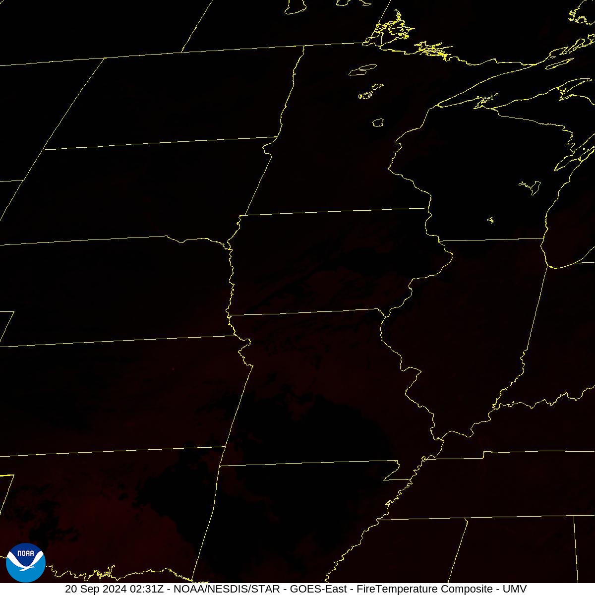 Fire Temperature - RGB used to highlight fires - 20 Sep 2024 - 0231 UTC