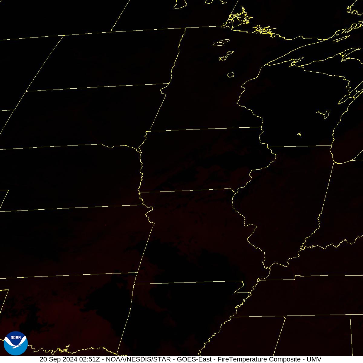 Fire Temperature - RGB used to highlight fires - 20 Sep 2024 - 0251 UTC