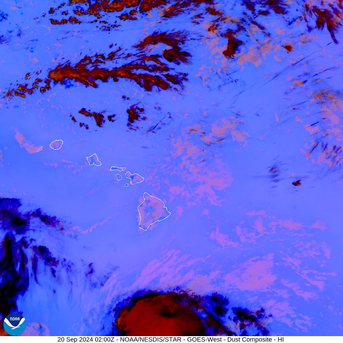 Tropospheric Dust Content - RGB for identifying tropospheric dust - 20 Sep 2024 - 0200 UTC