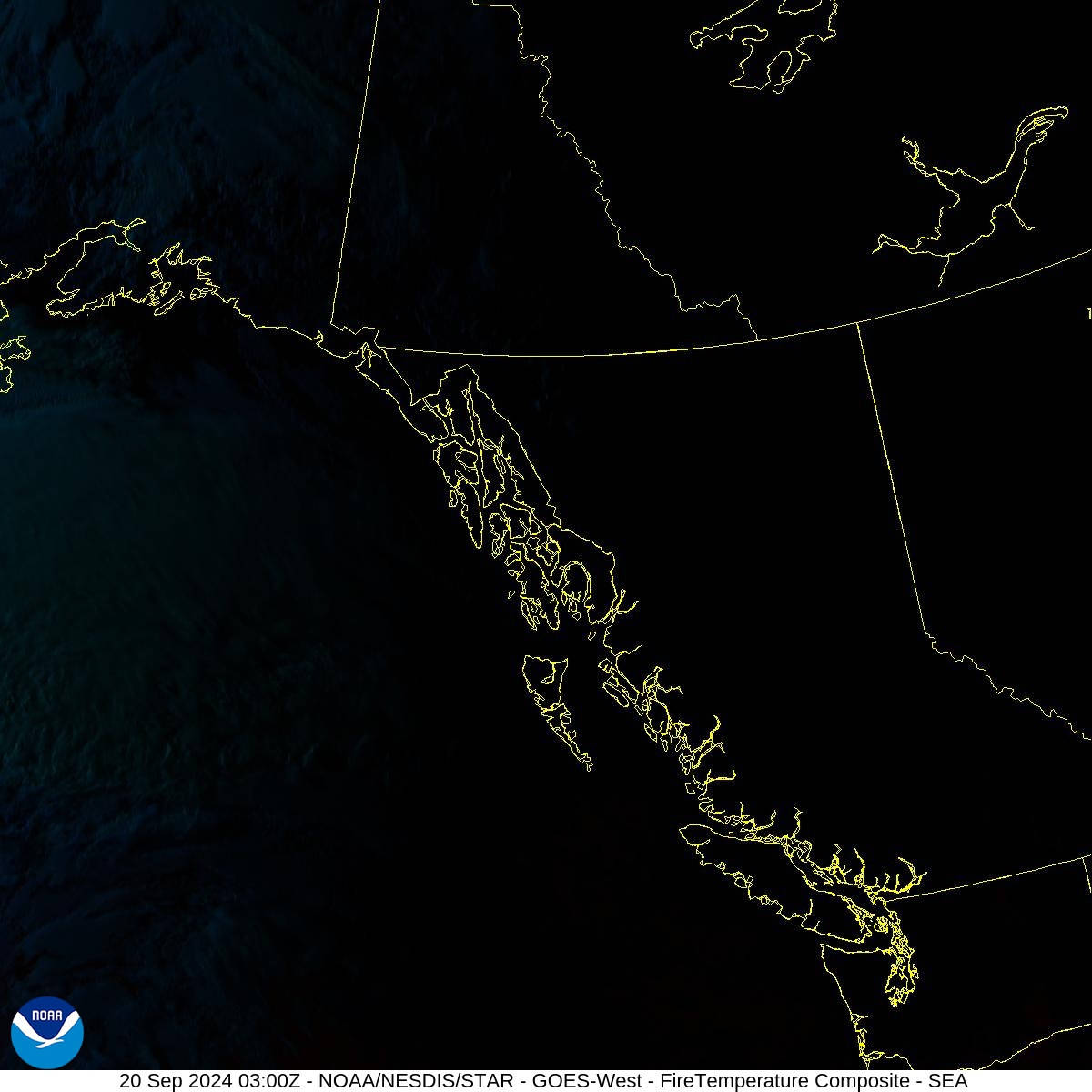 Fire Temperature - RGB used to highlight fires - 20 Sep 2024 - 0300 UTC