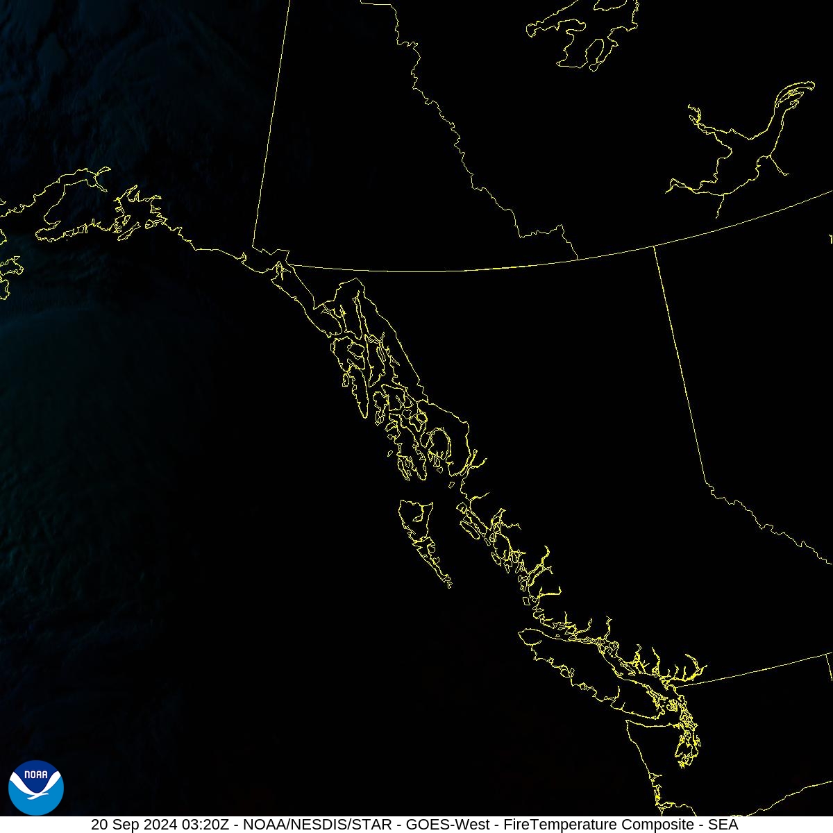 Fire Temperature - RGB used to highlight fires - 20 Sep 2024 - 0320 UTC