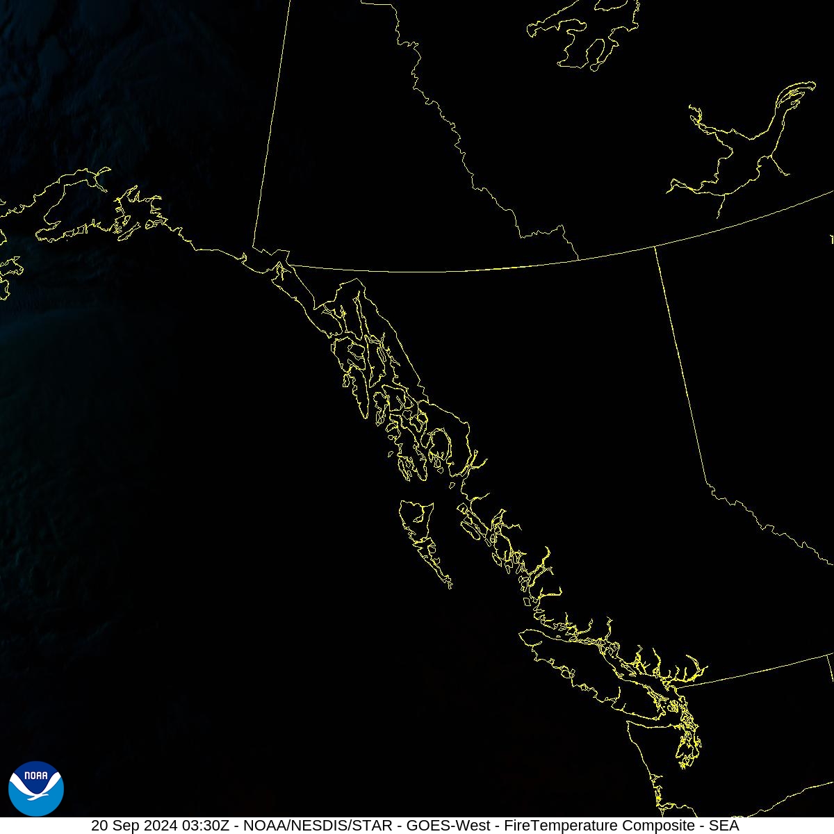 Fire Temperature - RGB used to highlight fires - 20 Sep 2024 - 0330 UTC