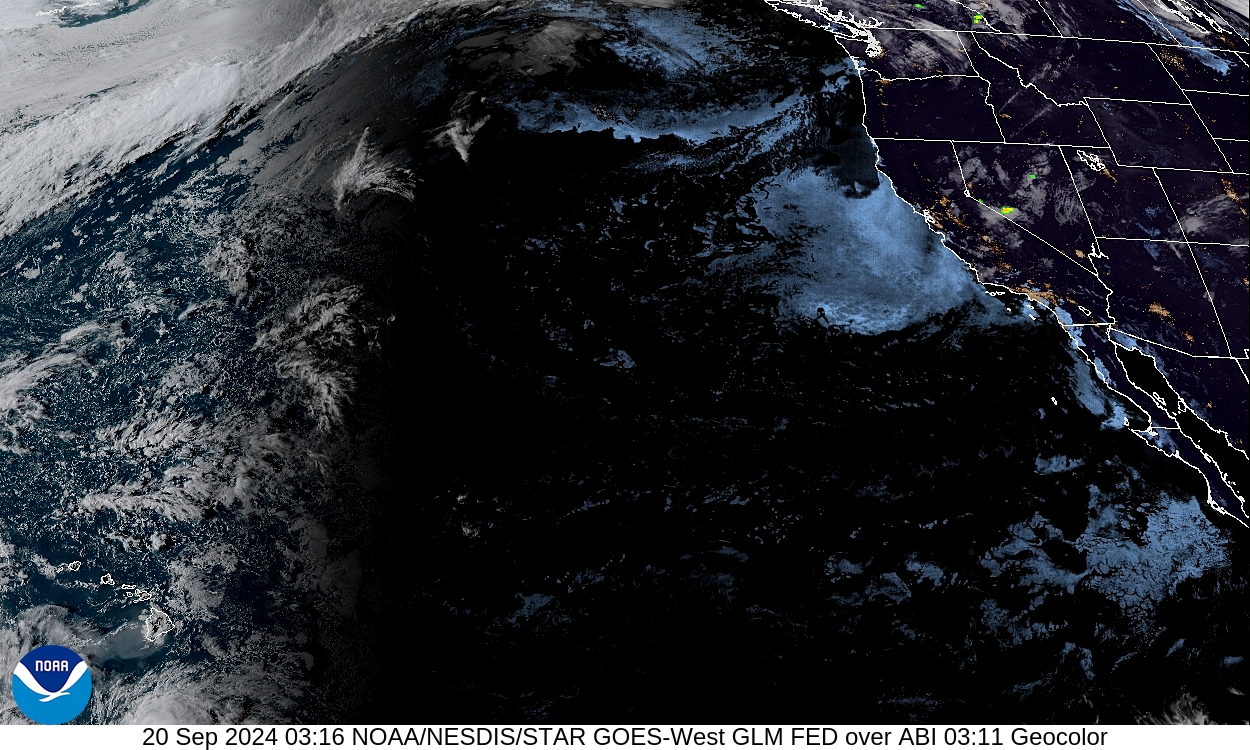 Geostationary Lightning Mapper - Lightning flash extent over GeoColor - 20 Sep 2024 - 0316 UTC