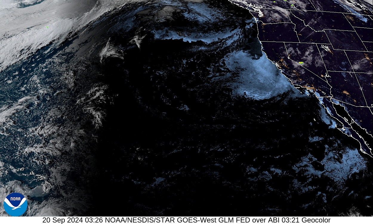 Geostationary Lightning Mapper - Lightning flash extent over GeoColor - 20 Sep 2024 - 0326 UTC