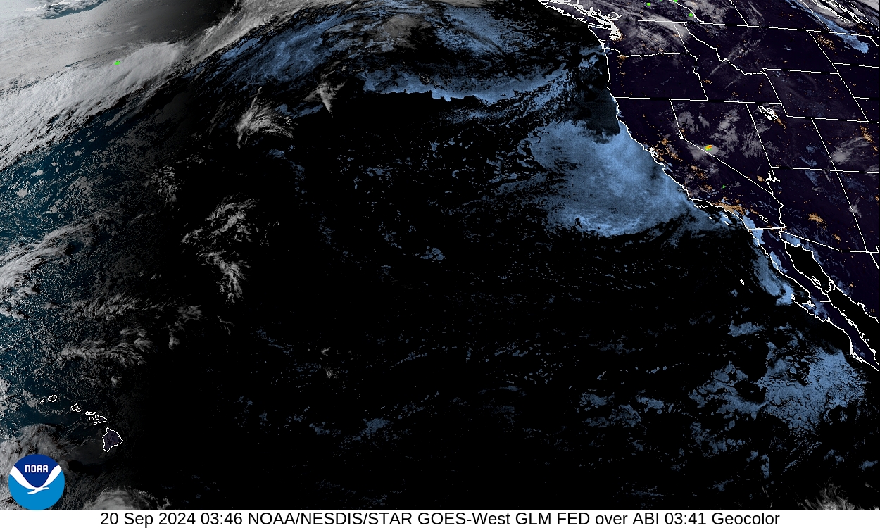 Geostationary Lightning Mapper - Lightning flash extent over GeoColor - 20 Sep 2024 - 0346 UTC