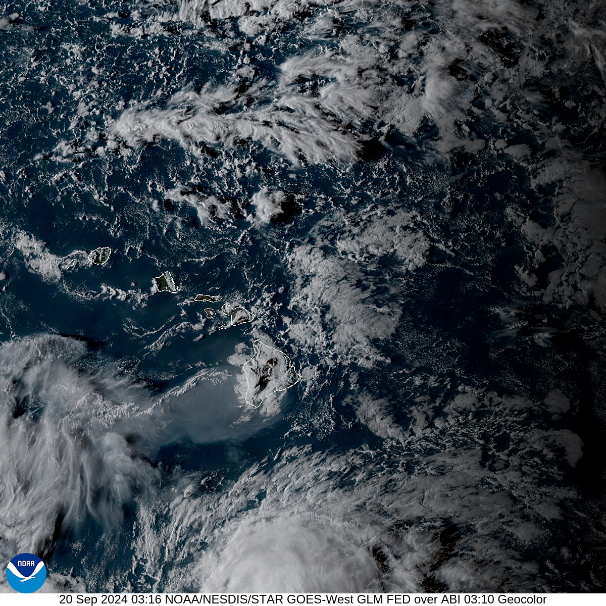 Geostationary Lightning Mapper - Lightning flash extent over GeoColor - 20 Sep 2024 - 0316 UTC