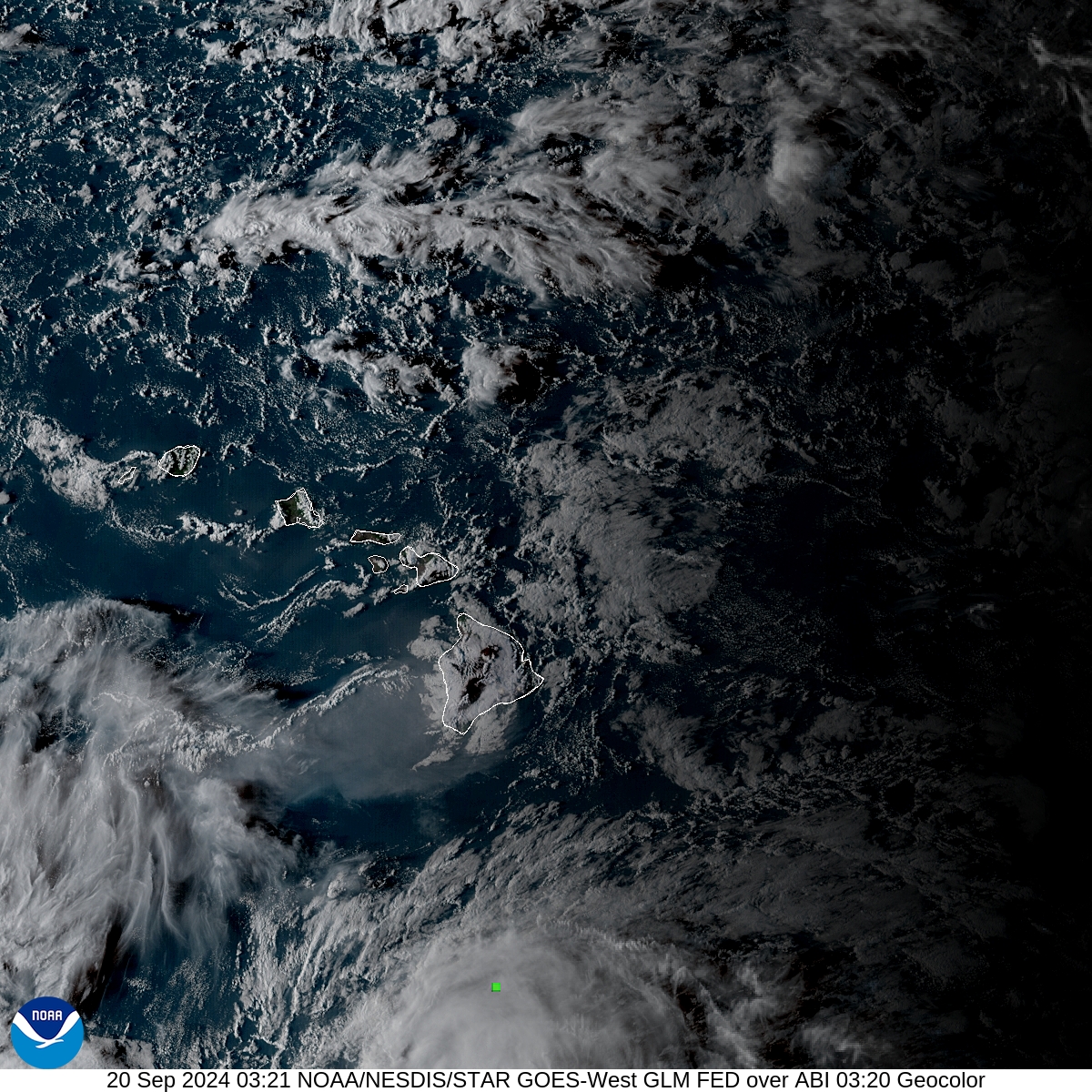 Geostationary Lightning Mapper - Lightning flash extent over GeoColor - 20 Sep 2024 - 0321 UTC