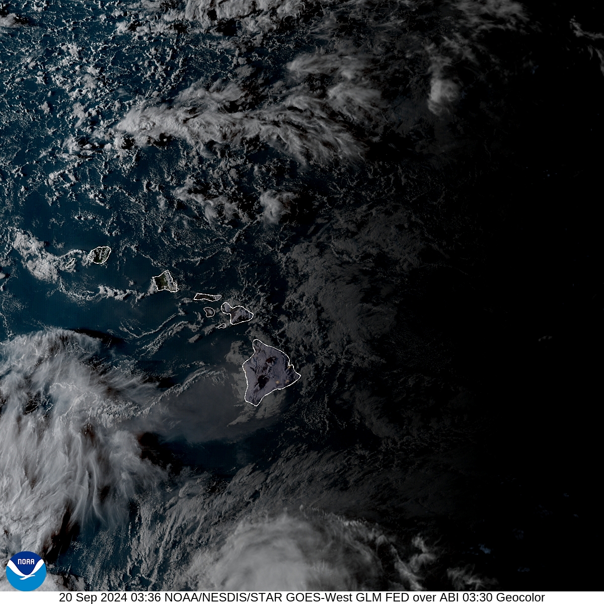 Geostationary Lightning Mapper - Lightning flash extent over GeoColor - 20 Sep 2024 - 0336 UTC