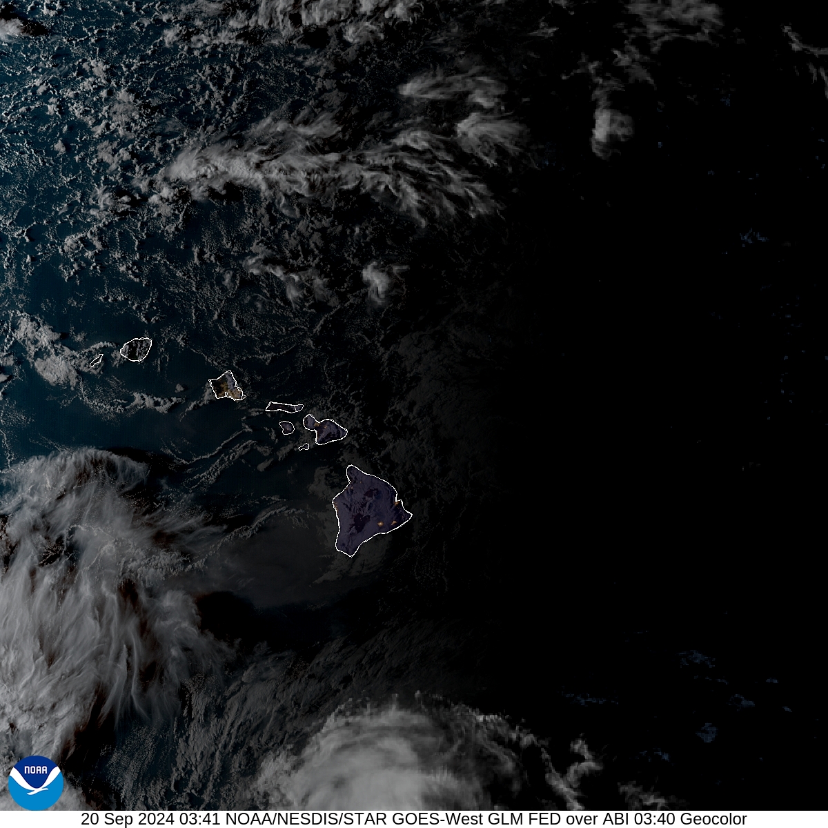 Geostationary Lightning Mapper - Lightning flash extent over GeoColor - 20 Sep 2024 - 0341 UTC