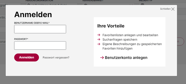 Maske Anmeldung für das Benutzerkonto