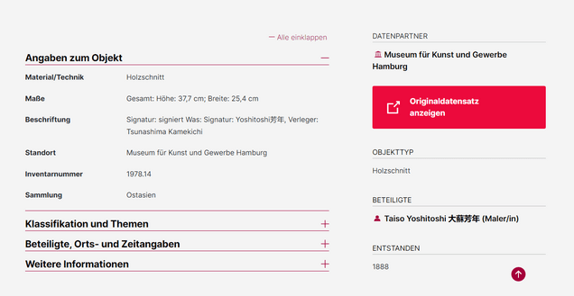 Ansicht der Metadaten auf der Objektseite und Link zum Datenpartner („Originaldatensatz anzeigen“)