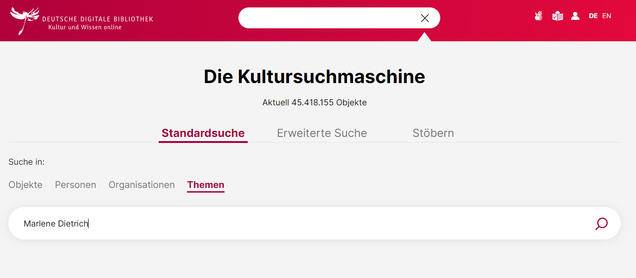 Ansicht des Suchraums „Themen“, ansteuerbar über die Standardsuche der Deutschen Digitalen Bibliothek