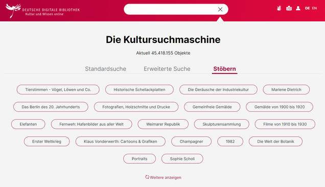 Ansicht des Stöbereinstiegs – bis zu 100 Themen sind hier zum Entdecken hinterlegt