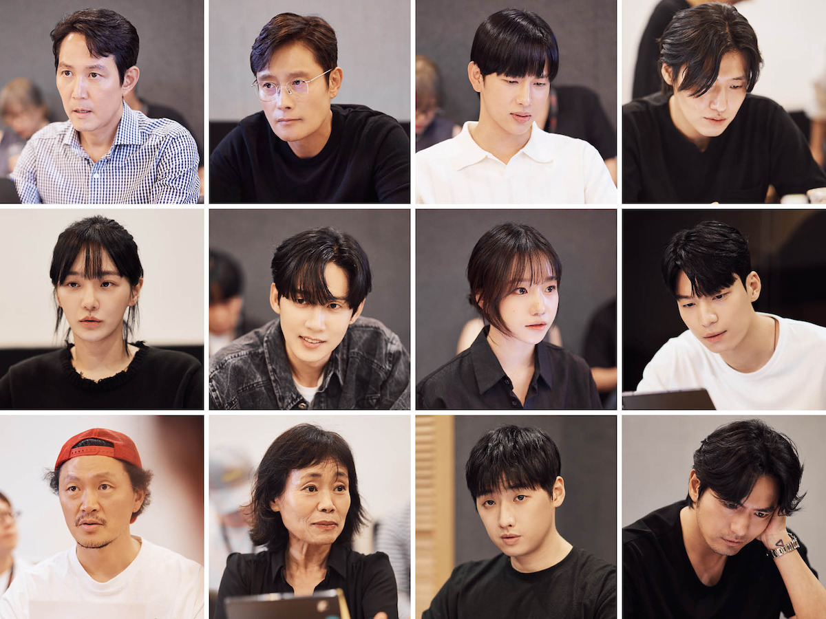 A grid of images showing the cast of Season 2 of ‘Squid Game’ at the first table read for the new season