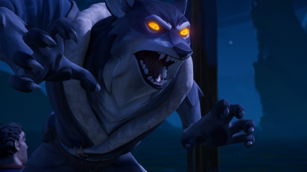 A wolf with glowing yellow eyes reaches out his claws in 'Wolf King'