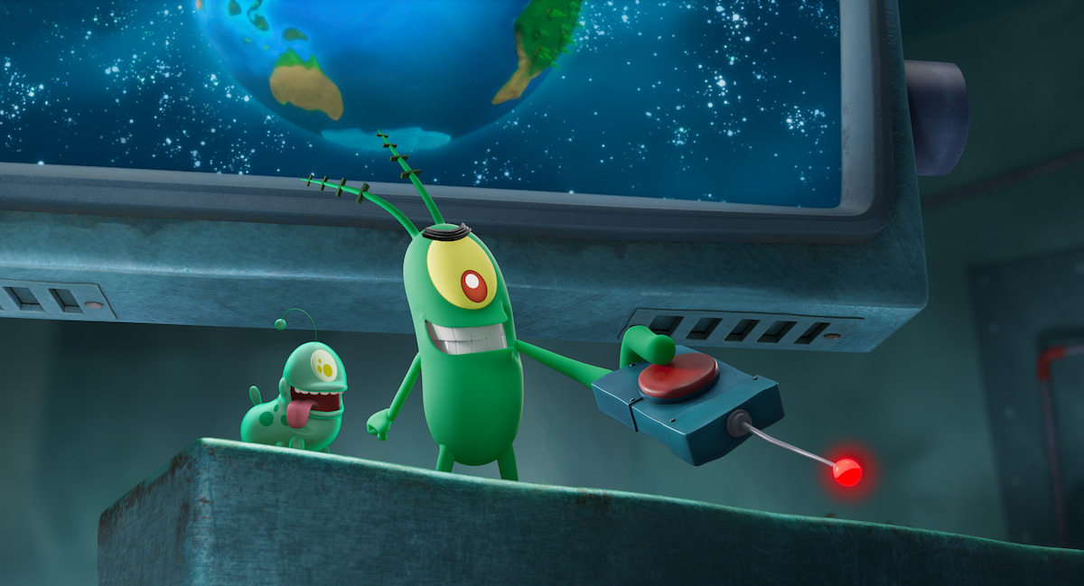 Plankton holds a remote control with Earth on a monitor behind him in 'Plankton: The Movie'