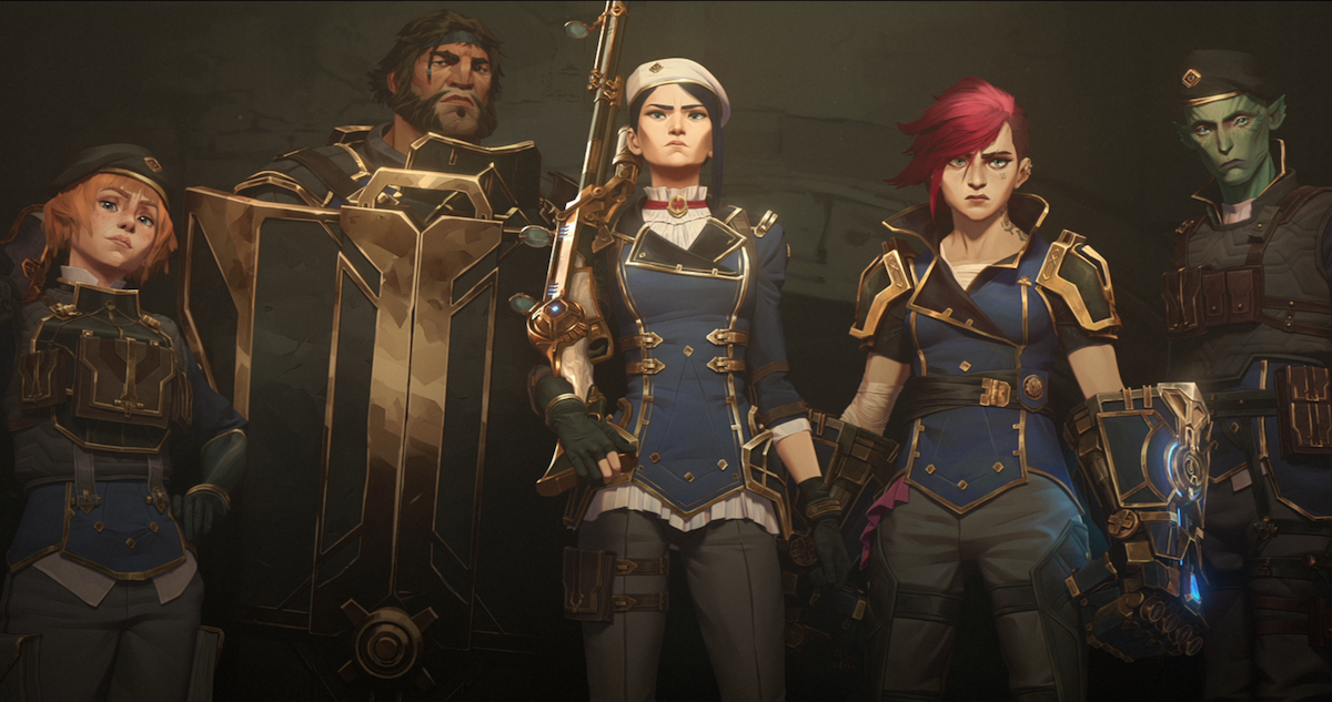 Characters from 'Arcane' stand together wearing armor and weapons 