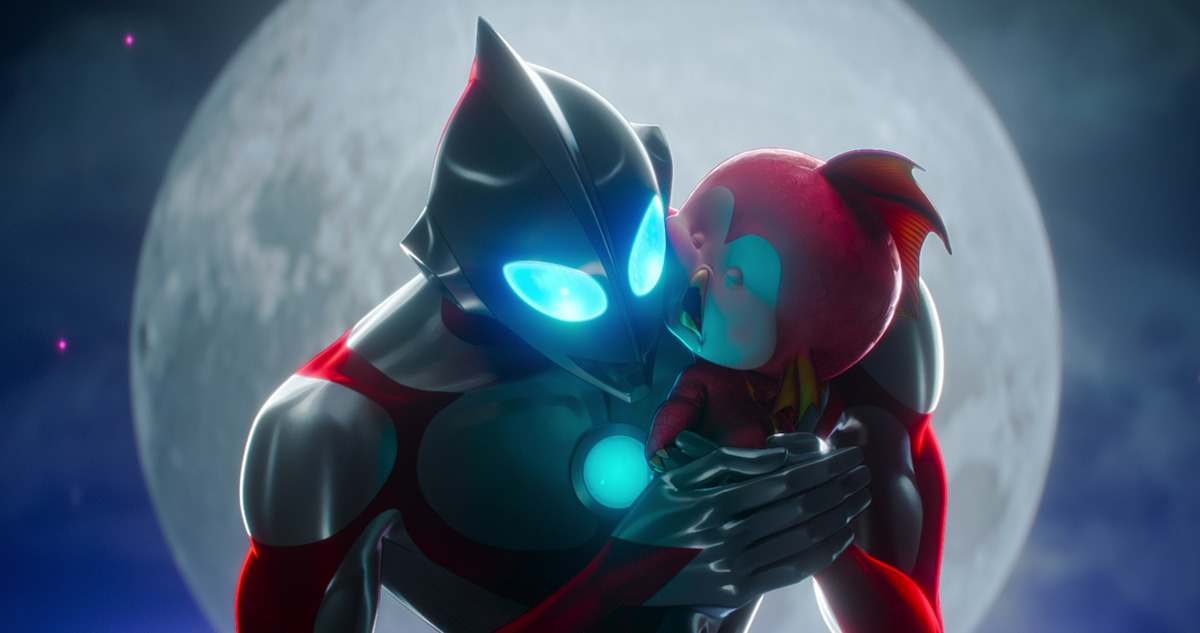 Ultraman cuddles with a small creatures in 'Ultraman: Rising'