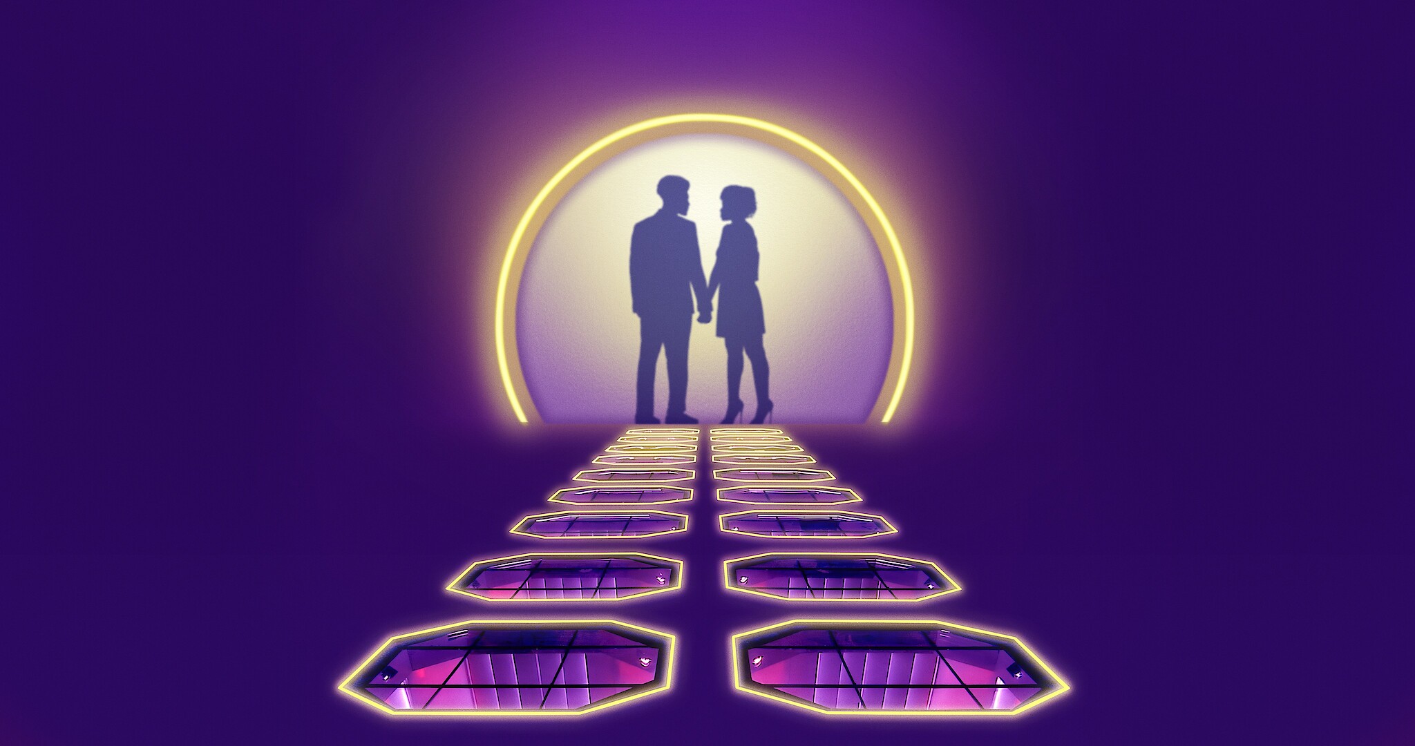 A couple in silhouette standing on top of the Pods 