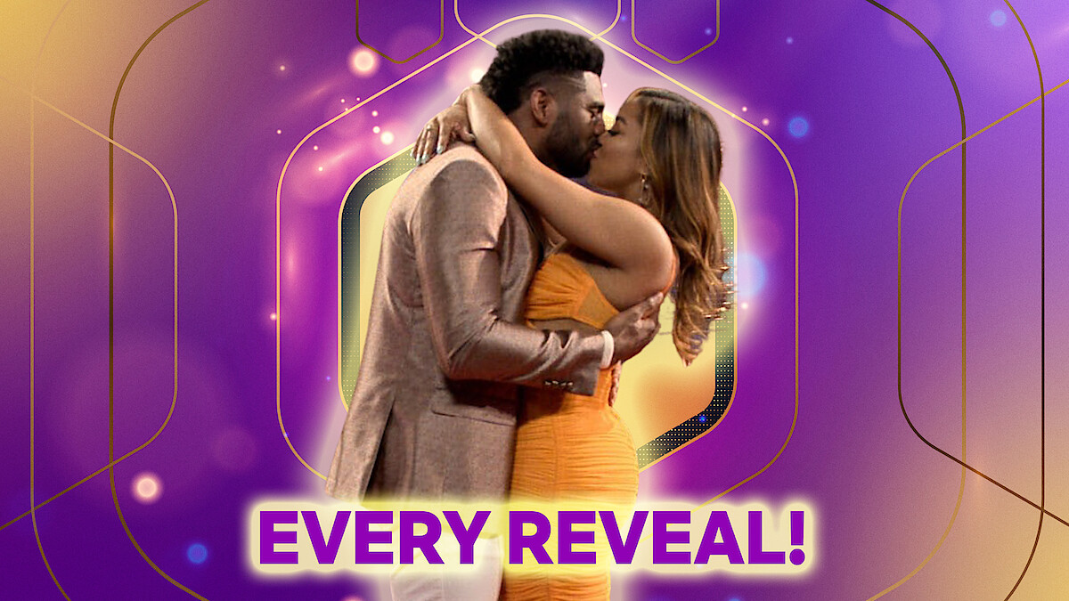 Brett and Tiffany embracing and kissing in front of a stylized purple background with the text "Every Reveal!" in front of them.