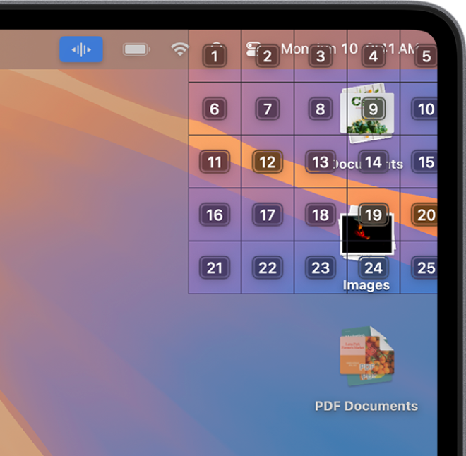Aparece una cuadrícula en la esquina superior derecha de la pantalla, donde hay dos pilas de escritorio. La cuadrícula tiene cinco columnas y cinco filas, y cada celda está numerada del 1 al 25.
