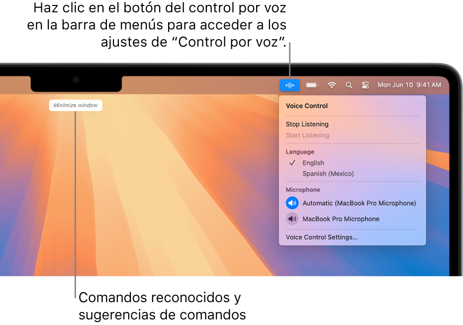 En la parte superior del escritorio se muestra el último comando reconocido por “Control por voz”. El icono de “Control por voz” se muestra en la barra de menús, a la derecha, y el menú “Control por voz” está abierto.