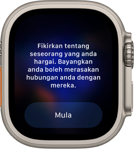 App Sedar Minda menunjukkan buah fikiran yang anda boleh renungkan—”Fikirkan tentang seseorang yang anda ambil berat. Bayangkan anda boleh merasa hubungan anda dengan mereka”. Butang Teruskan berada di bawah.