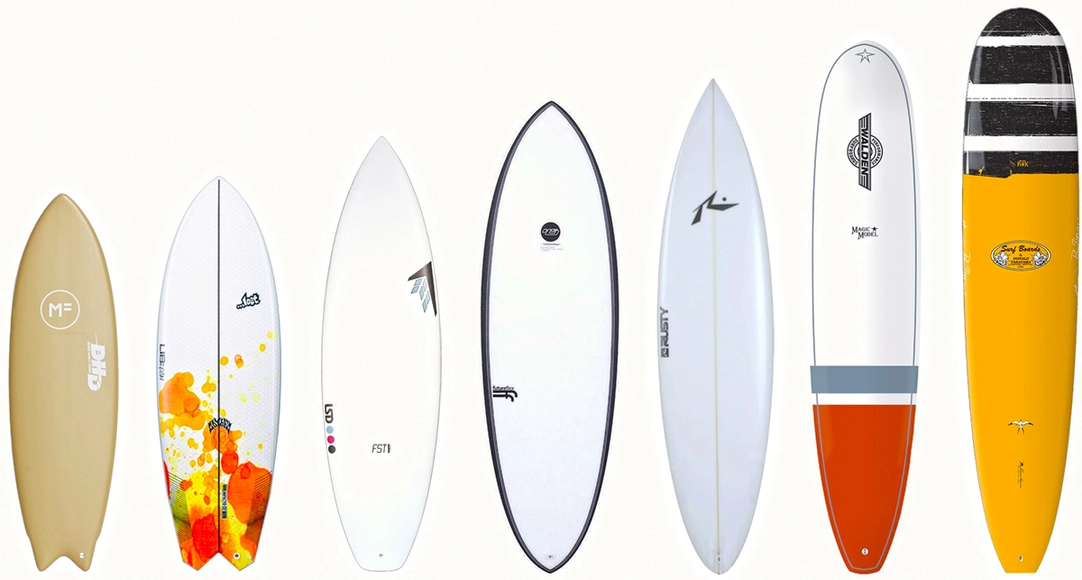 Surfboard sizes arranged from soft to logboard