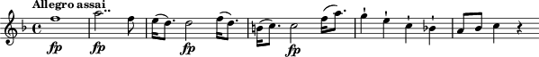 
\relative c'' {
  \tempo "Allegro assai"
  \key f \major
  f1\fp |
  a2..\fp f8 |
  e16 (d8.) d2\fp f16 (d8.) |
  b16 (c8.) c2\fp f16 (a8.) |
  g4-! e-! c-! bes!-! |
  a8 bes c4 r
}
