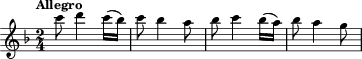 \relative c''' { \clef treble \key f \major \time 2/4  
\tempo "Allegro"  c8 d4 c16 (bes) | c8 bes4 a8 | bes8 c4 bes16 (a) | bes8 a4 g8}