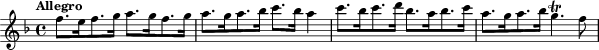 \relative c'' { \clef treble \key f \major \time 4/4  
\tempo "Allegro"  f8.[ e16 f8. g16] a8. [g16 f8. g16] | a8. [ g16 a8. bes16] c8. bes16 a4 | c8. [ bes16 c8. d16] bes8. [a16 bes8. c16] | a8. [ g16 a8. bes16] g4.\trill f8| }