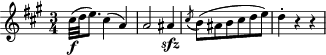 { \time 3/4 \key a\major cis''32(\f d'' e''8.) cis''4( a') | a'2 ais'4\sfz | \acciaccatura cis''8 b'8( ais' b' cis'' d'' e'') | d''4-. r r | }