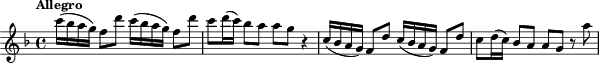 \relative c''' { \clef treble \key f \major \time 4/4  
\tempo "Allegro"   c16 ( bes a g) f8 d' c16 ( bes a g) f8 d'| c d16 (c) bes8 a a g r4 |\noBreak c,16 ( bes a g) f8 d' c16 ( bes a g) f8 d'| c d16 (c) bes8 a a g r8 a'}