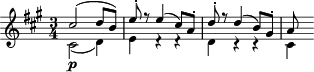 { \time 3/4 \key a\major << { cis''2( d''8 b') | e''8-. r e''4( cis''8) a'-. | d''8-. r d''4( b'8) gis'-. | a'8 } \\ { cis'2(\p d'4) | e'4 d'\rest d'\rest | d'4 cis'\rest cis'\rest | cis'4 } >> }