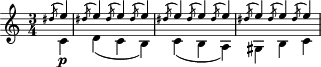 { \time 3/4 \key a\minor << \voiceOne { \partial 4 \acciaccatura dis''8 e''4\p | \repeat unfold 3 { \acciaccatura dis''8 e''4 } | \repeat unfold 3 { \acciaccatura dis''8 e''4 } | \repeat unfold 3 { \acciaccatura dis''8 e''4 } | } \\ \voiceTwo { \partial 4 \grace s8 c'4 | d'4( c' b) | c'4( b a) | gis4 b c' | } >> }