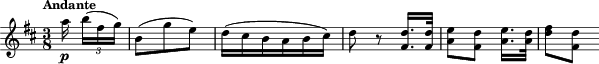 { \tempo "Andante" \time 3/8 \key d\major << { \partial 8. a''16\p\noBeam \tuplet 3/2 { b''16( fis'' g'') } | b'8( g'' e'') | d''16( cis'' b' a' b' cis'') | d''8 s8 s8 | s4. | s8 s8 } { \partial 8. s8. | s4. | s4. | s8 r8 d''16. d''32 | e''8[ d''] e''16. d''32 | fis''8[ d''] } { \partial 8. s8. | s4. | s4. | s8 r8 fis'16. fis'32 | a'8[ fis'] a'16. a'32 | d''8[ fis'] } >> }