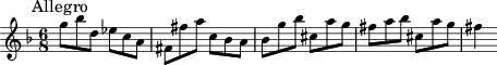 \relative c'' { \clef treble \key d \minor \time 6/8 \mark "Allegro"
g'8 bes d, es c a fis fis' a c, bes a bes g' bes cis, a' g fis a bes cis, a' g fis4}