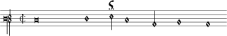 
\new MensuralVoice = "bla" {
  \relative c {
    \clef "petrucci-f3" \key f \lydian \time 2/2
    \override NoteHead.style = #'petrucci
    \override Flag.style = #'mensural
    e\breve f1 g2\signumcongruentiae e1 c2 d1 c
  }
}
