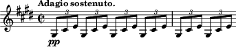 \relative c' { \time 2/2 \key cis \minor \clef treble \tempo "Adagio sostenuto." \times 2/3 {gis8-\pp[ cis e]} \repeat unfold 5 {\times 2/3 {gis,[ cis e]}} }