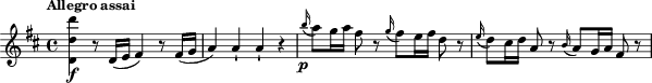 
\relative c'' {
  \key d \major
  \tempo "Allegro assai"
  <d' d, d,>\f r8 
  d,,16( e fis4) r8 fis16( g 
  a4) a-! a-! r 
  \grace b'16\p(a8 ) g16 a fis8 r \grace g16(fis8 ) e16 fis d8 r 
  \grace e16(d8 ) cis16 d a8 r \grace b16(a8 ) g16 a fis8 r
}
