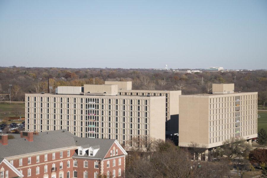 The view of Maple, Willow and Larch Hall from Geoffroy Hall. 