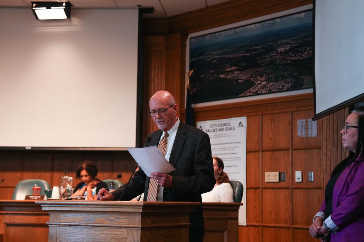 Mayor John Haila speaks at the Aug. 27 Ames City Council meeting in Ames City Hall. 